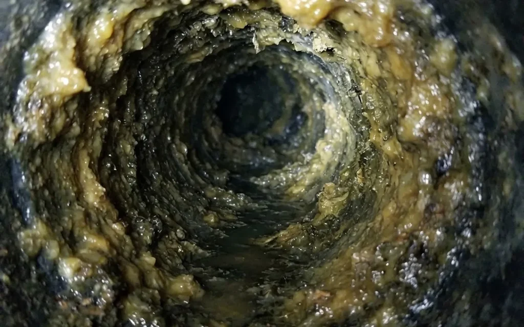 Twenty years of grease narrowing a kitchen line. An eel pokes a hole through it; a jetter takes it back to the pipe wall.